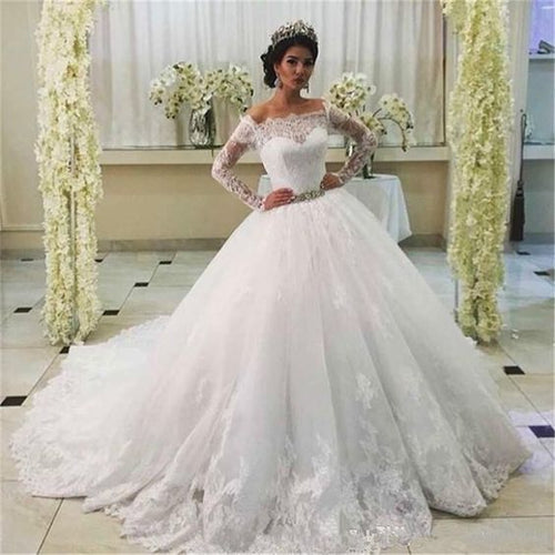 boat neck wedding dresses ball gown boho lace applique elegant princess wedding gown 2021