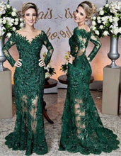 Load image into Gallery viewer, green mother of the bride dresses lace appliqué mermaid beaded elegant long sleeve evening gown formal dress