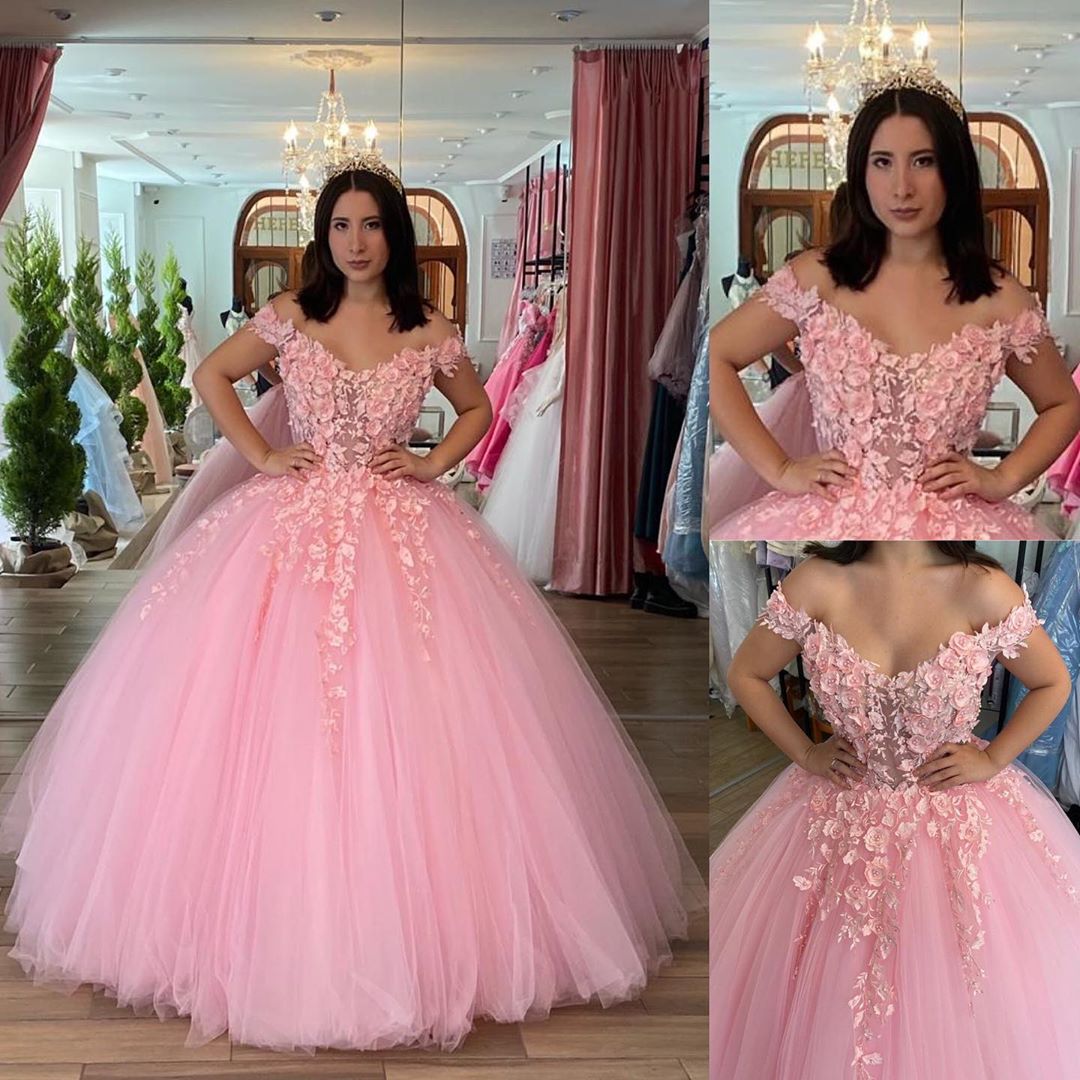 Elegant Blush Pink Tulle Ball Gown 15 Dress with 3D Flowers Y2582 –  Simplepromdress