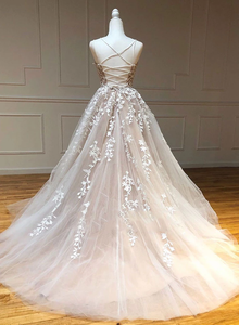 spaghetti straps prom dresses ball gown lace appliqué lace applique champagne elegant cheap prom gown