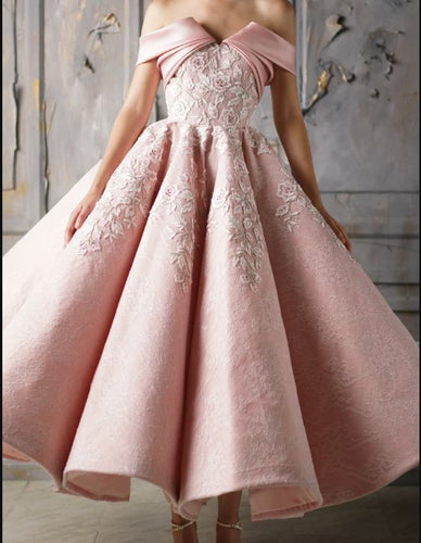 arabic prom dresses ball gown pink lace short sleeve elegant appliqué prom gown 2021