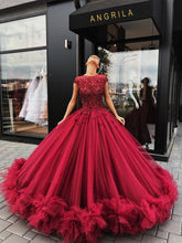 Load image into Gallery viewer, cap sleeve vintage prom dresses ball gown lace applique beaded burgundy elegant prom gown