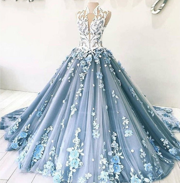 3d flowers lace appliqué wedding dresses ball gown 2020 vestido de novia blue high neck elegant wedding gowns