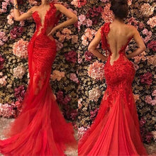 Load image into Gallery viewer, red tassel evening dresses long lace applique beaded mermaid modest backless sexy formal evening gown