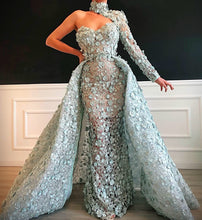 Load image into Gallery viewer, high neck sage green evening dresses long sleeve one shoulder 3d flowers detachable skirt evening gown