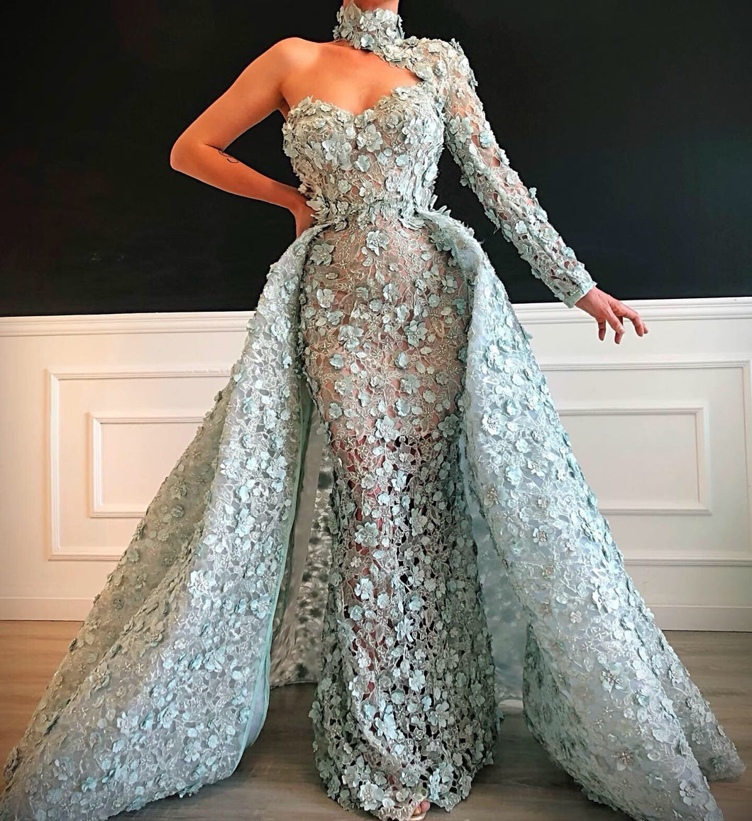 high neck sage green evening dresses long sleeve one shoulder 3d flowers detachable skirt evening gown