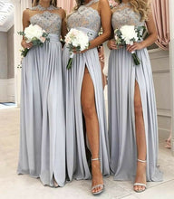 Load image into Gallery viewer, silver bridesmaid dresses long cheap lace appliqué custom wedding party dresses 2020