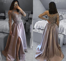 Load image into Gallery viewer, silver beaded appliqué prom dresses abendkleider 2020 vintage elegant long sleeve prom gown 2021