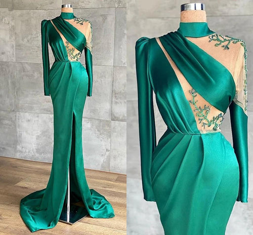 high neck green evening dresses long sleeve modest elegant beaded lace satin sexy formal dress robe de soiree
