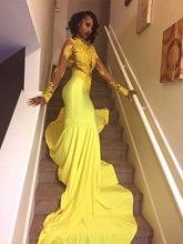 Load image into Gallery viewer, African sexy evening dresses long sleeve high neck lace appliqué yellow mermaid evening gown with little train