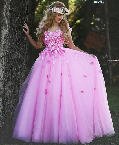 3d flowers pink prom dresses long a line tulle sweetheart neckline elegant cheap prom gown robe de soiree