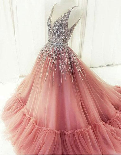 ball gown prom dresses long dusty pink beaded v neck elegant luxury prom gowns vestido de Longo