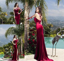 Load image into Gallery viewer, burgundy evening dresses long one shoulder lace applique mermaid evening gowns vestidos de fiesta