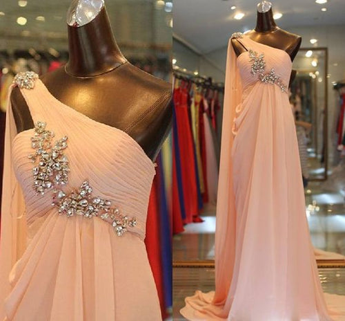 one shoulder pink prom dresses long real photo beaded chiffon cheap simple prom gown abendkleider