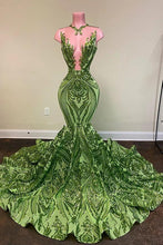 Load image into Gallery viewer, 2021 green sparkly evening dresses long modest mermaid o neck sleeveless elegant luxury formal party dresses 2022