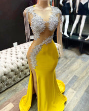 Load image into Gallery viewer, tassel beaded evening dresses for women 2021 vestidos formals mermaid yellow beaded lace sexy formal gown 2022