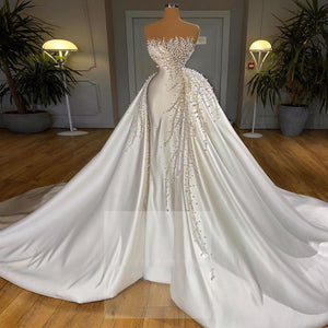 white wedding dresses for bride detachable skirt luxury peals beaded elegant boho wedding gown robes