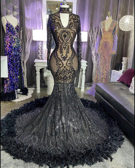 vestidos elegantes para mujer high neck black evening dresses long feather sparkly sequin applique modest formal dresses