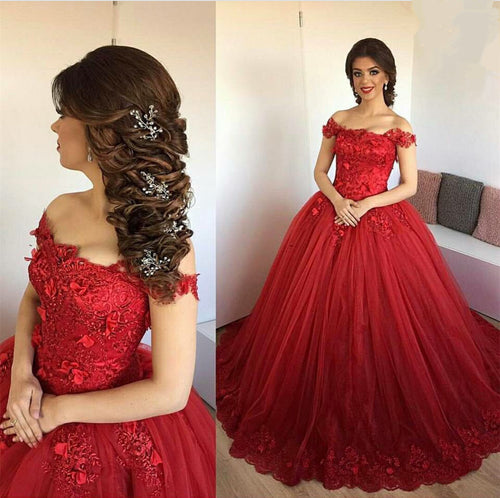 boat neck red wedding ball gown lace appliqué off the shoulder 3d flowers elegant cheap wedding dresses