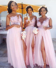 Load image into Gallery viewer, pink bridesmaid dresses long chiffon lace appliqué short sleeve elegant wedding party dress