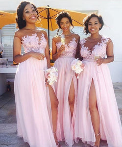 pink bridesmaid dresses long chiffon lace appliqué short sleeve elegant wedding party dress