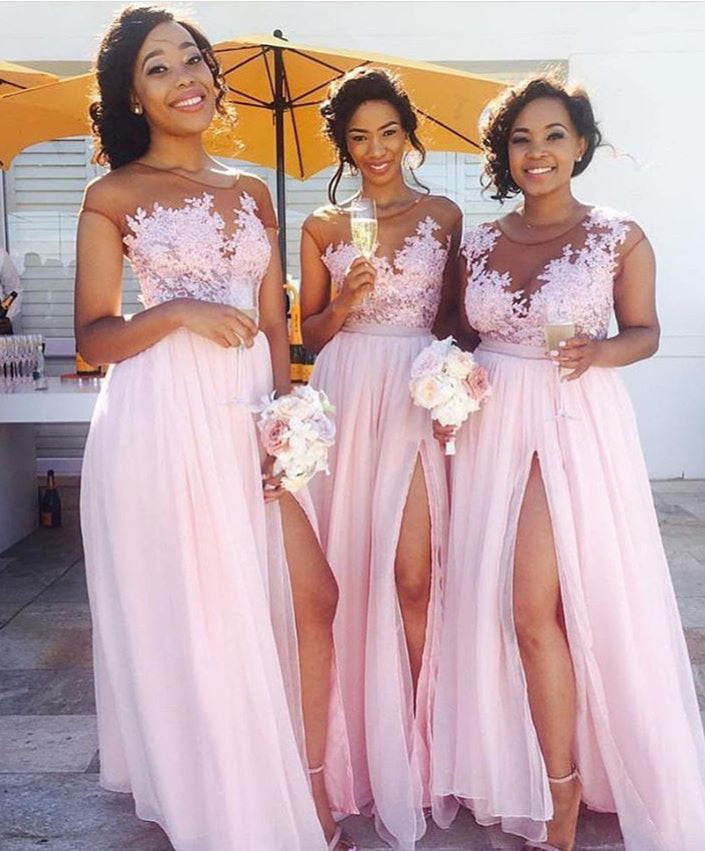 pink bridesmaid dresses long chiffon lace appliqué short sleeve elegant wedding party dress