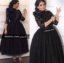 Load image into Gallery viewer, arabic black prom dresses 2020 puffy lace appliqué long sleeve modest elegant prom gown robe de soiree