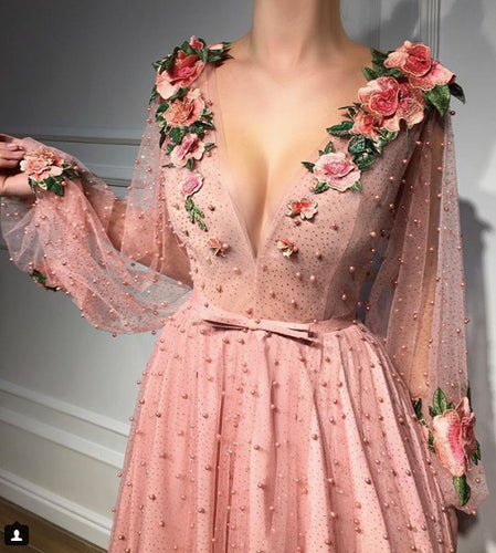 pink beaded prom dresses 2020 long sleeve embroidery appliqué elegant prom gown robe de soiree