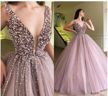 Load image into Gallery viewer, deep v neck beaded prom dress ball gown peals luxury purple elegant prom gown vestido de graduation