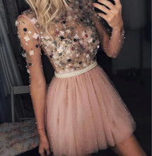 Load image into Gallery viewer, short prom dresses 2020 dusty pink peals beaded 3d flowers cheap prom gown vestido de graduation
