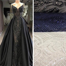 Load image into Gallery viewer, black evening dresses long 2020 detachable skirt sequin appliqué elegant modest evening gown