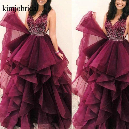 backless beaded prom dresses 2020 tiered Burgundy crystals elegant prom gown robe de soiree