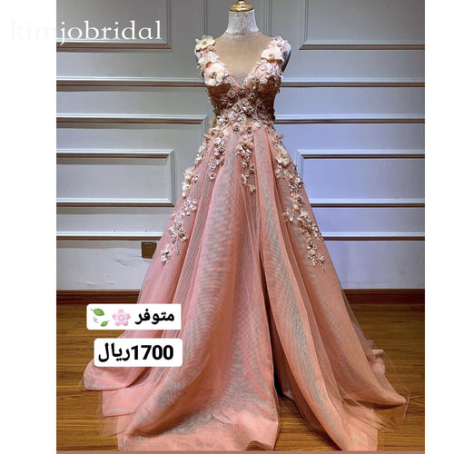3d flowers pink prom dresses 2020 v neck sleeveless tulle beaded elegant prom gown robe de soiree