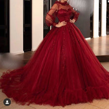 Load image into Gallery viewer, Burgundy ball gown prom dresses long sleeve lace appliqué elegant prom gowns vestido de graduation