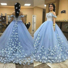 Load image into Gallery viewer, blue ball gown prom dresses handmade flowers off the shoulder elegant cheap wedding ball gown