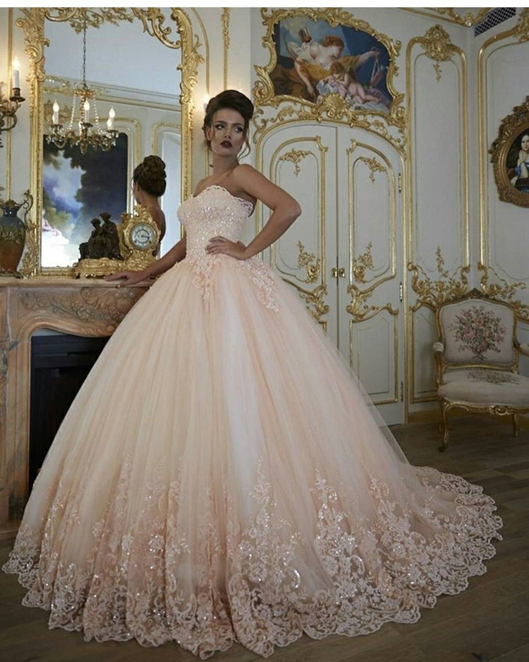 peach ball gown prom dresses 2020 sweetheart neck beaded lace appliqué elegant prom gown vestido de graduacion