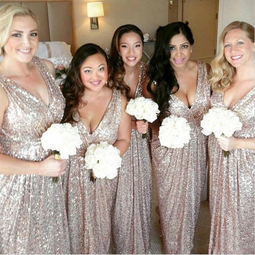 gold sequin bridesmaid dresses long sparkly mermaid v neck sleeveless cheap wedding party dresses 2021