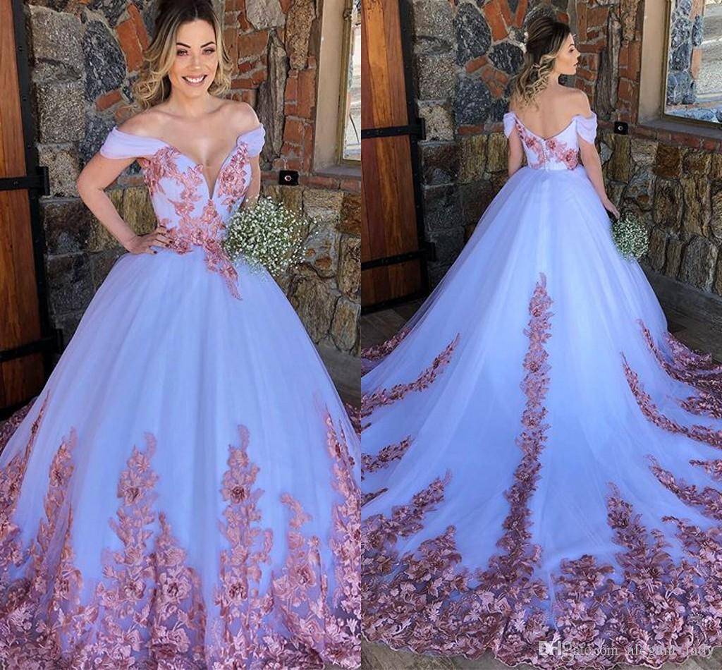 Elegant Pool Blue See-through Prom Dresses 2019 Ball Gown V-Neck Long  Sleeve Appliques Lace Pearl Bow Sash Floor-Length / Long Ruffle Backless Formal  Dresses