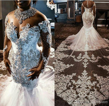 Load image into Gallery viewer, luxury wedding dresses boho african high neck beaded crystals lace applique mermaid wedding gown