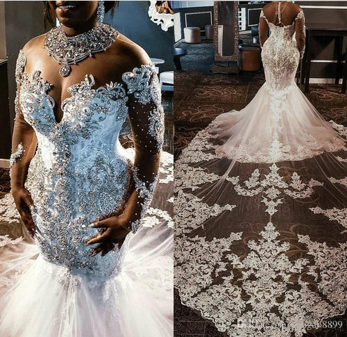 luxury wedding dresses boho african high neck beaded crystals lace applique mermaid wedding gown