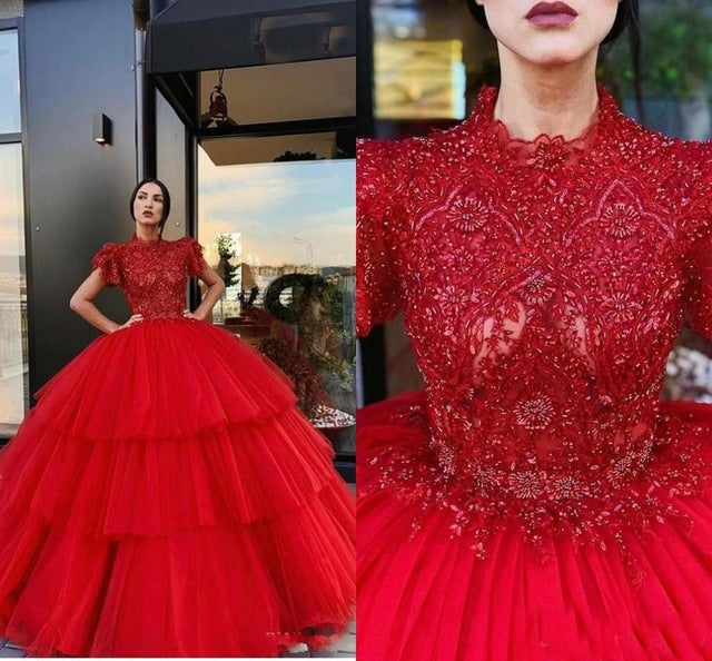 red ball gown prom dresses lace appliqué beaded short sleeve elegant tiered luxury prom gowns