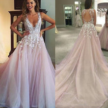 Load image into Gallery viewer, deep v neck pink prom dresses 2021 lace applique beaded elegant senior formal dresses prom gown abendkleider