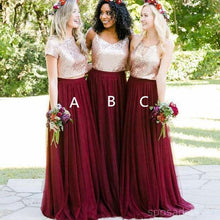 Load image into Gallery viewer, mismatched bridesmaid dresses long Burgundy gold sequin cheap country style wedding party dress