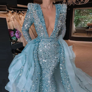 luxury prom dresses 2022 sparkly sequined beaded blue prom gown with detachable train 2023 robe de soiree