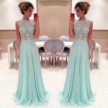 Load image into Gallery viewer, lace applique beaded prom dresses long chiffon blue elegant sleeveless cheap prom gown