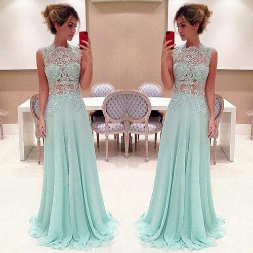 lace applique beaded prom dresses long chiffon blue elegant sleeveless cheap prom gown