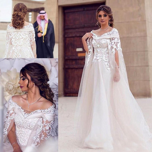 muslim wedding dresses for bride lace appliqué beaded Dubai caftan elegant arabic off white wedding gown