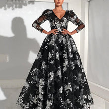 Load image into Gallery viewer, vintage prom dresses long sleeve black sparkly v neck modest prom gown robe de soiree